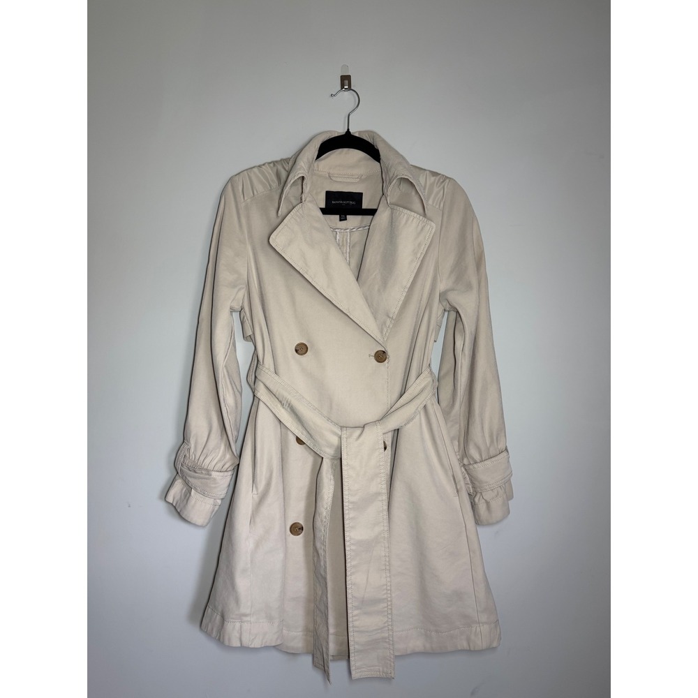 Banana Republic Khaki Beige Double Breasted Belted Trench Coat Womens XS - Picture 2 of 9